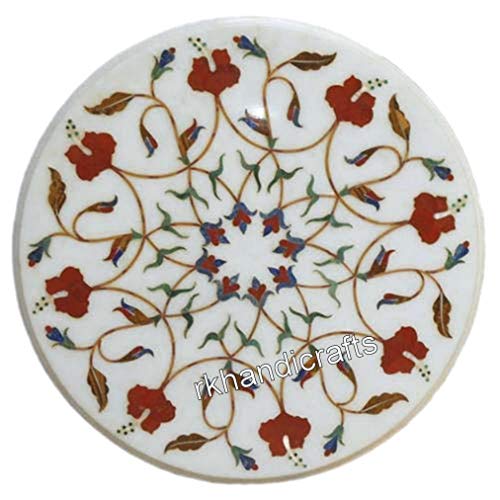 14 x 14 Inches Round Marble Corner Table Top Carnelian Stone Inlay Wor