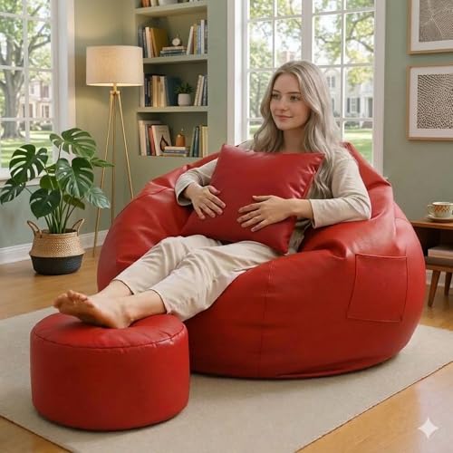 Image of IVIKA Bean Bag with Stool & Cushion | XXXXXL Size Premium Leatherette Bean Bag for Gaming, Living Room & Bedroom (5XL - Red)