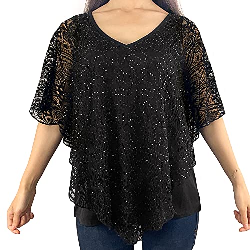 Brittany Black Women’s V-Neck 3/4 Sleeve Lace Poncho Floral Print Knit Blouse2