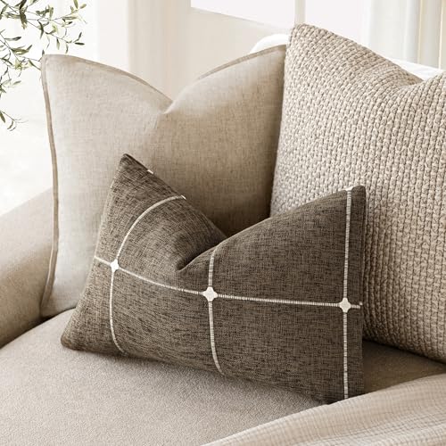 Image of Foindtower Pack of 2 Decorative Faux Linen Jacquard Check Throw Pillow Covers Farmhouse Lumbar Cushion Cover with Grid Textured Accent Pillowcase for Couch Sofa Living Room Home Decor,12x20 Inch,Brown
