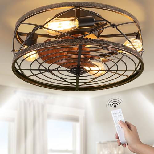 DWVO 18 Inch Caged Ceiling Fans with Lights and Remote, Flush Mount Enclosed Ceiling Fan with 6 Speed Motor, Farmhouse Bladeless Ceiling Fan with Light for Bedroom, Kitchen, Indoor