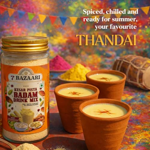 Image of 7 BAZAARI Kesar Pista Badam Milk Mix Powder 225g | Thandai Style Almond Drink Mix with Saffron, Pistachio & Spices | Protein & Energy Rich | No Artificial Flavours | Healthy Drink for Kids & Adults