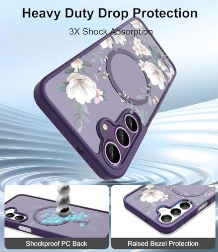 Image of VONZEE Compatible with Samsung Galaxy S25 Plus 5G Case Luxury Retro Flowers Floral Clear for Magnetic Wireless Charging Case Shockproof Case PC+TPU Cute Glossy Shiny Cover for Girls Women, Deep Purple