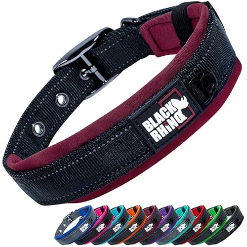 Black Rhino Dog Collar for Large Dogs - Adjustable Reflective Heavy Duty Dog Collars with Ultra-Soft Neoprene Padding - Weatherproof, Durable, and Comfortable for Active Dogs - Burgundy and Black