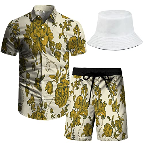 RPOVIG Beach Outfit Matching Shirts Shorts Men's Hawaiian Festival Floral Clothes 2 piece Sets with Bucket Hat