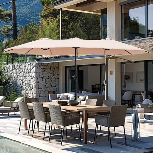 GREEN PARTY 15 ft Rectangle Patio Umbrella with Base Included, Double-Sided Table Umbrella with Crank, Large Outdoor Umbrellas for Patio Poolside Garden Backyard, Beige