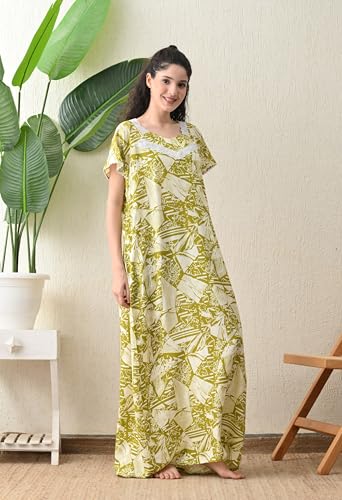 Image of Ichaa Women's Rayon Printed Round-Neck Nighty with Pocket, in Plus Sizes