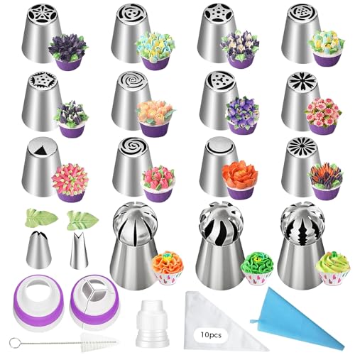 TAKUZA Lot de 32 Douilles Russes en Acier Inoxydable, Poches à Douille en Silicone Réutilisables, Adaptateur 3 Couleurs en 1 pour Décoration de Gâteaux