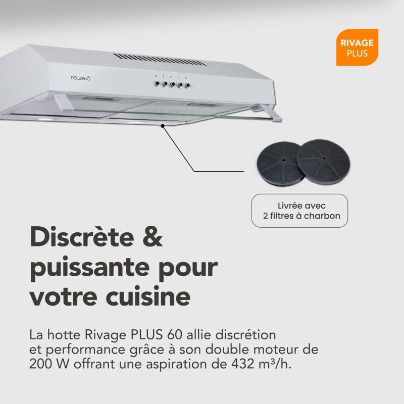 Hotte Casquette 60 cm Blanche – Double moteur 203 Watts - 435 m³/h