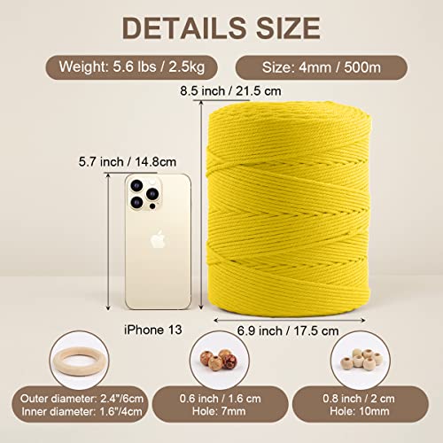 Image of ZUEXT Macrame Cord, Ginger Yellow, 4mm x 547yds Cotton String Macrame Yarn
