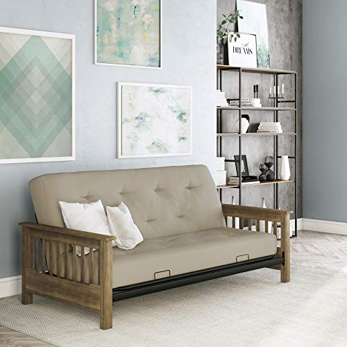 DHP Newport Wood Arm Futon with 6” Coil Tan Linen Mattress