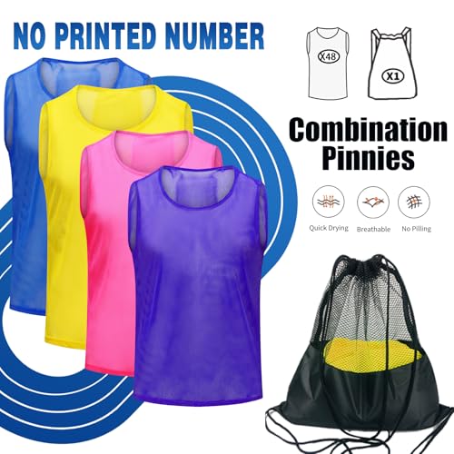 Image of 12 /24 /48Pcs Soccer Pinnies Youth, Scrimmage Team Practice Vests | Mesh Printed and Unprinted Numbers Team Pennies for Basketball Soccer Football Bibs Adults Kids