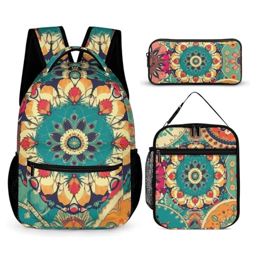 VFKLT Conjunto de 3 mochilas redondas com flores, bolsa de viagem, portátil, casual, mochila esportiva, com lancheira e estojo para lápis