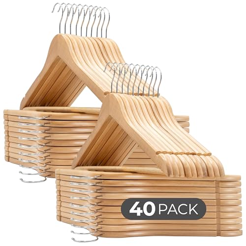 COM-FORT HOUSE - Pack de 40 Perchas de Madera Maciza Natural con Gancho Giratorio 360° y Muescas Antideslizantes - con Barra...