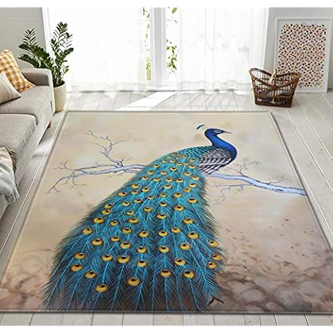 QNYH Alfombra De Estampado De Pavo Real Azul Animal De Dibujos Animados Cover