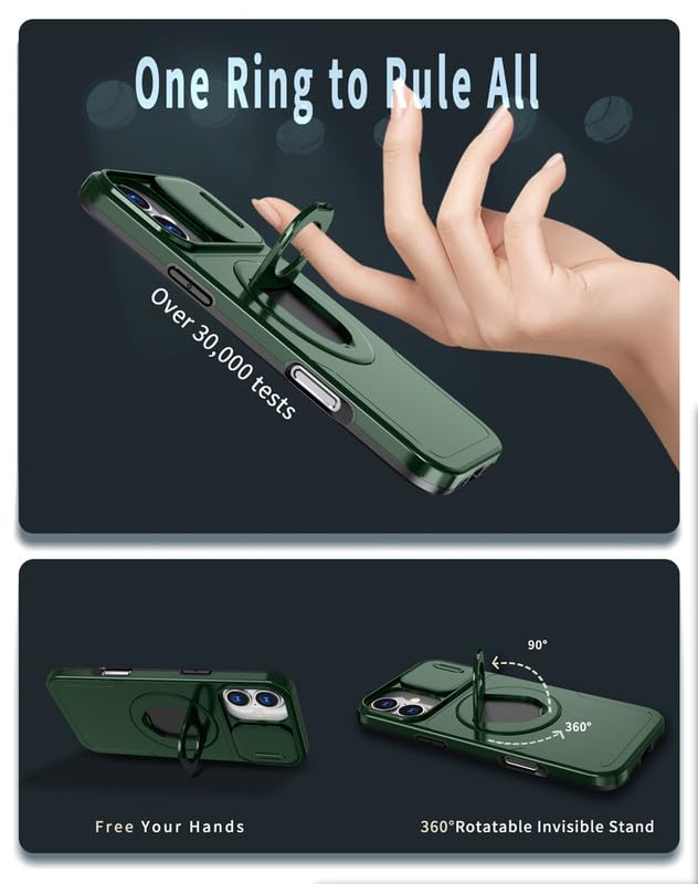 Image of LuxuryKase MagSafe Shockproof Rugged Back Case for iPhone 17 | Finger Ring Kickstand & Sliding Camera Cover | Military Drop Protection | Wireless Charging Support - Dark Green