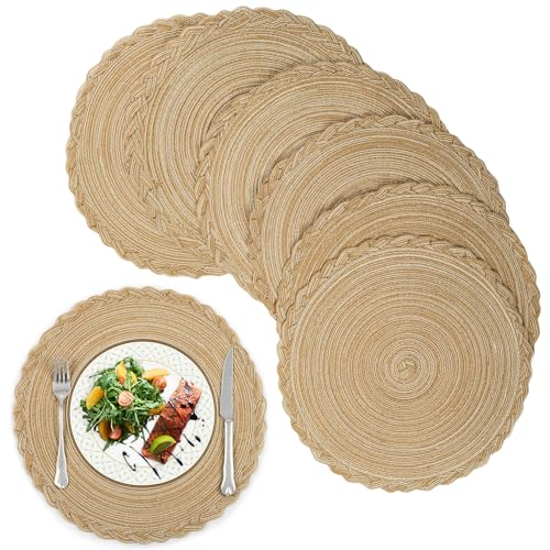 fanquare 6 Piezas Salvamanteles Individuales Redondos en Trenzado de Color Caqui y Resistentes al Calor, Manteles Individuales de 38cm Lavables para la Mesa de Cocina