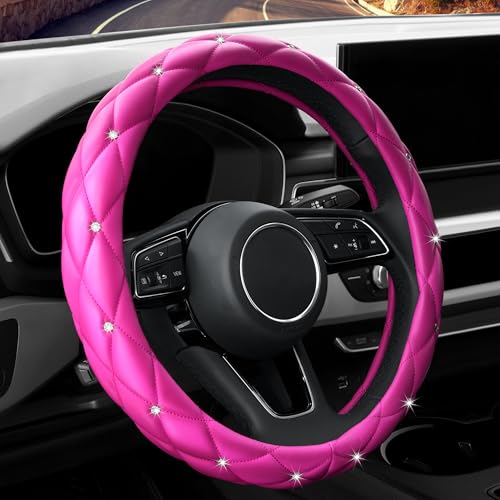 Image of YOGURTCK Cute Diamond Soft Leather Anti-Slip Steering Wheel Cover with Bling Bling Crystal Rhinestones, Universal 15 Inch for Women Girls, Fit Vehicles, Sedans, SUVs, Vans, Trucks - Hot Pink