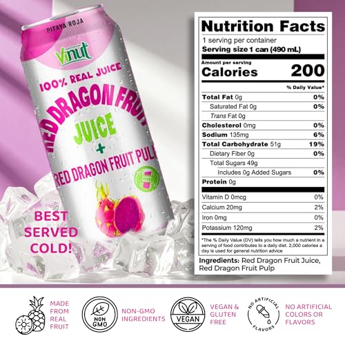 Image of VINUT 100% Red Dragon Fruit Juice with Pulp (Pitaya), No Added Sugar, Not From Concentrate, 16.57 fl oz (490 mL) Can, Pack of 6