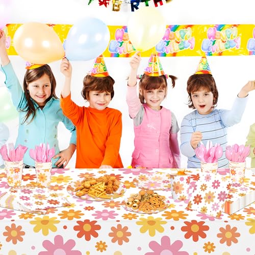 Image of Groovy Party Supplies Daisy Groovy Tableware Set Serves 24 Include Boho Daisy Tablecloth Hippie Tableware Set for Boho Hippie Retro Birthday Baby Shower Party Decor