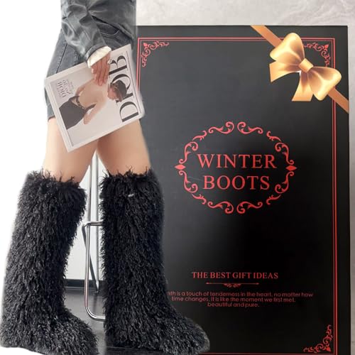 Image of Valpeak Faux Fur Tall Furry Boots for Womens,Long Winter Boots for Girls,Mongolian Fluffy Boots for Kids Fuzzy Knee-High Boots