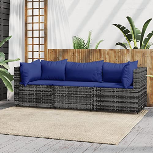 Blukee Sofá 3 Plazas de Jardín de Ratán, Sofas Exteriores de Terraza con Cojines Acolchados, Sofas Terraza 3 Plazas, Sofá 2 Plazas para Jardín Patio Terraza Gris y Azul