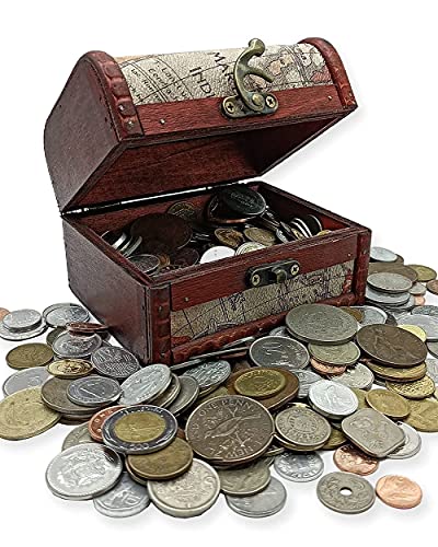 IMPACTO COLECCIONABLES Coin Collection - World Currency Treasure Chest with 2Lb. - Collectible Circulated Coins - 4.7 x 3.5 x 3.5 Decorative Wooden Box - Antique Coins for Collectors (COA Included)