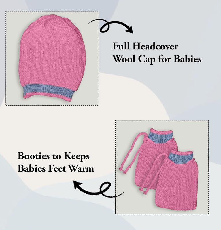 Image of Baby Unisex New Born Baby Boys Girls Soft Comfortable Trendy Woolen Round Neck Stripe Sweater Set with Payjami, Cap and Pair of Booties for Toddlers
