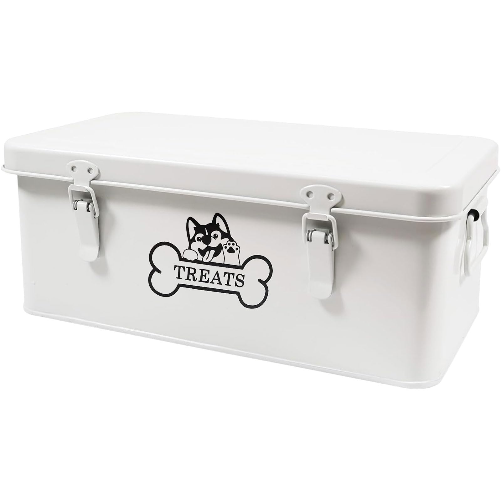 Récipient en métal pour chien - 8,5 l - Hermétique avec couvercles et compartiments de séparation - Blanc - Rangement de friandises avec serrure pour nourriture sèche, boîte à goûter, étagère