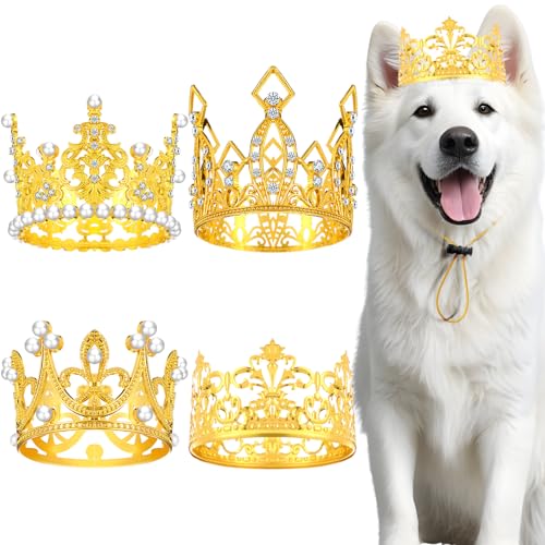 Talltalk Hundekrone, Kopfband, Haustier-Geburtstag, Party, Gold, Strass, Kunstperlen, Katzenkrone, Hut mit verstellbarem Riemen, für Welpen, Hochzeit, Haarschmuck, Foto-Requisite, Kostüm, Kleid, 4