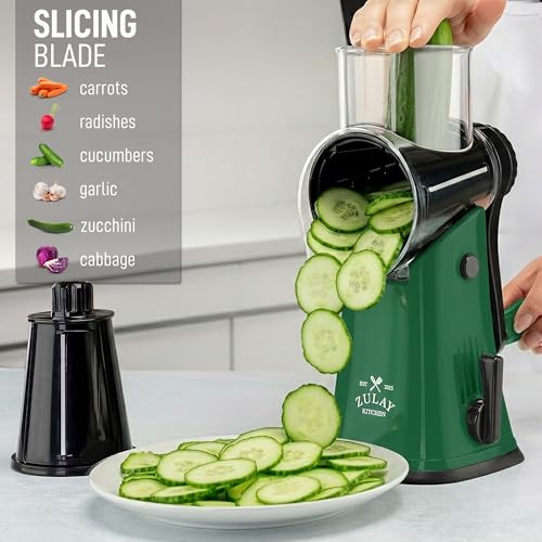 Image of Zulay Kitchen Rotary Cheese Grater 5 Blade Cheese Shredder - Manual Hand Crank Cheese Grater With Reinforced Suction & 5 Interchangeable Drums - Easy to Use, Vegetable Chopper Round Mandoline Slicer