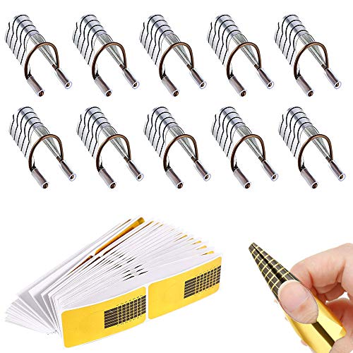 100PCS Acrylic Nail Forms Stickers Vcedas 10PCS Sliver Reusable UV Gel Acrylic Tips Horseshoe-shaped Nail Art Extension Guide Form Tool for French Tip Nail Tips Mold