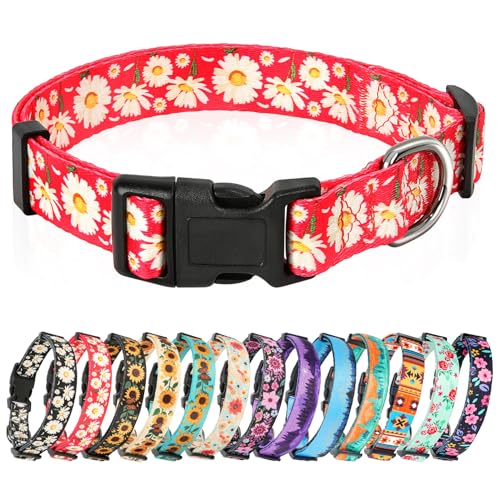 Image of HEELE Dog Collar, Adjustable Soft Dog Collar for Small Medium Large Dogs,Daisy Floral Patterned Puppy Collars with Quick Release Buckle Daisy Red S Length 9.84''-14.96'