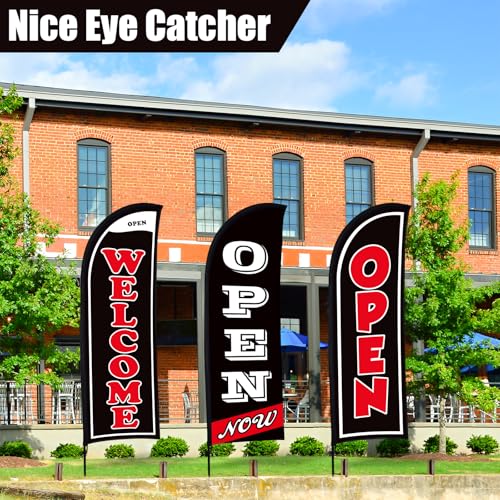 Image of Buryeah 3 Sets Now Open Feather Flag Banner for Business Advertising 7 Feet Tall Grand Opening Feather Flag Sign with Fiberglass Pole Kit Rotating Ground Spike and Portable Bag (Black)