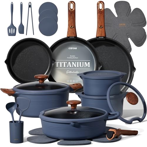 CAROTE 30pcs Titanium Cookware Set Pots and Pans Set Detachable Handle