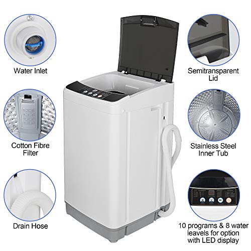 ZENY Portable Full-Automatic Washing Machine Compact Laundry Washer Spinner Machine with Drain Pipe 10 Programs 8 Water Levels 8lbs Capacity for Apartment