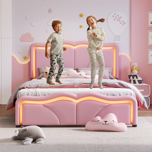Full Size PU Upholstered Platform Bed,Bed Frame with LED Lights,Bedstead with Adjustable Headboard Height,Suitable for Kids Teenagers, Boys, Girls No Box Spring Needed, Easy Assembly (Pink, Full)
