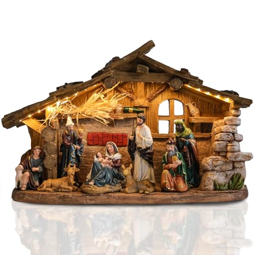Bshine Decoración navideña de belén, establo de madera con luces LED de 15.5 x 10.2 pulgadas, figura de sagrada familia, decoración de escritorio para interiores y hogares, adornos coleccionables