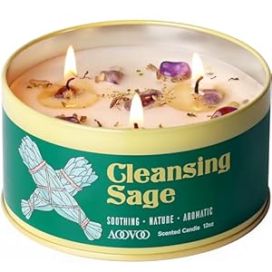 AOOVOO Sage Candle for Cleansing – 3 Wick 12oz Large Scented Candle with Crystals & Sage Leaves Inside, Soy Candles Non Toxic for Meditation Spiritual Gift, Aromatherapy Candle for Women Men