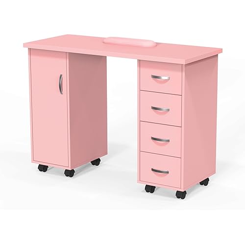 Manicure Table Nail Desk w/Cabinet, Drawers, Wheels & Arm Rest, Spa Salon Beauty Home Wooden Technician Workstation Nail Art Equipment for Nail Tech, 43.3" L x 31.5" H x 17.7" W (Pink)