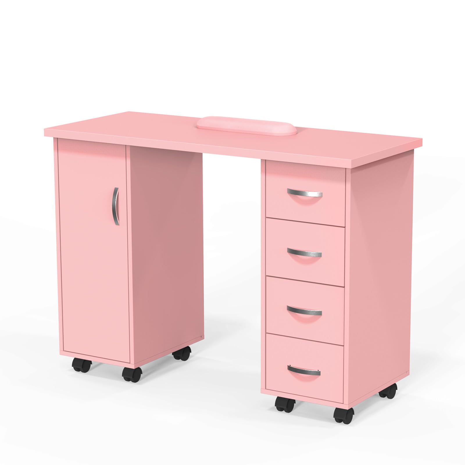 OmySalon Manicure Table Nail Desk with Cabinet, Drawers, Wheels & Wrist Rest, Spa Salon Beauty Home Wooden Technician Workstation for Nail Tech, Pink