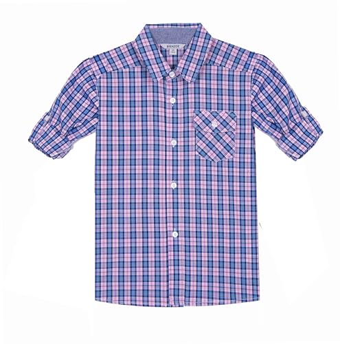Bienzoe Garçon Coton Plaid Roll-up Manche Chemises 13/14 Rose/Marine
