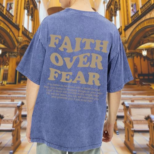 Image of Christian Shirts for Men Faith Over Fear Oversized Shirt Acid Wash Tshirt Graphic Religious T Shirt Bible Verse Tees
