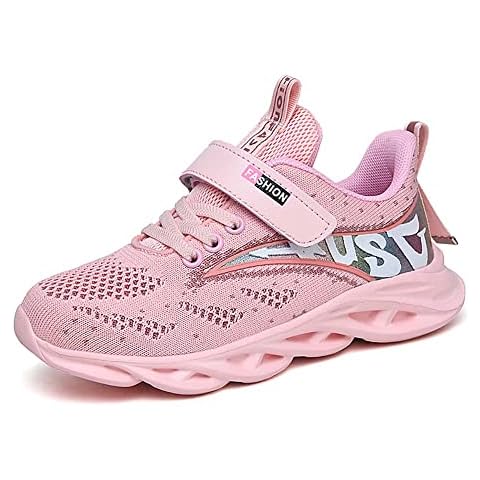WYSFLY Girls Trainers Kids Breathable School Shoes Athletic Hook-Loop Sneakers Sports Outdoor Running Shoes Pink 8.5 UK Child Cover