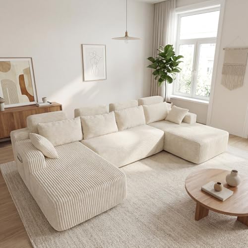 Image of 134 inch Boneless Couch for Living Room, Oversized U Shaped Modular Cloud Sofa with Deep Seat, 6 Seater Convertible Memory Foam Couches, No Assembly Plush Corduroy Sofa (Beige)
