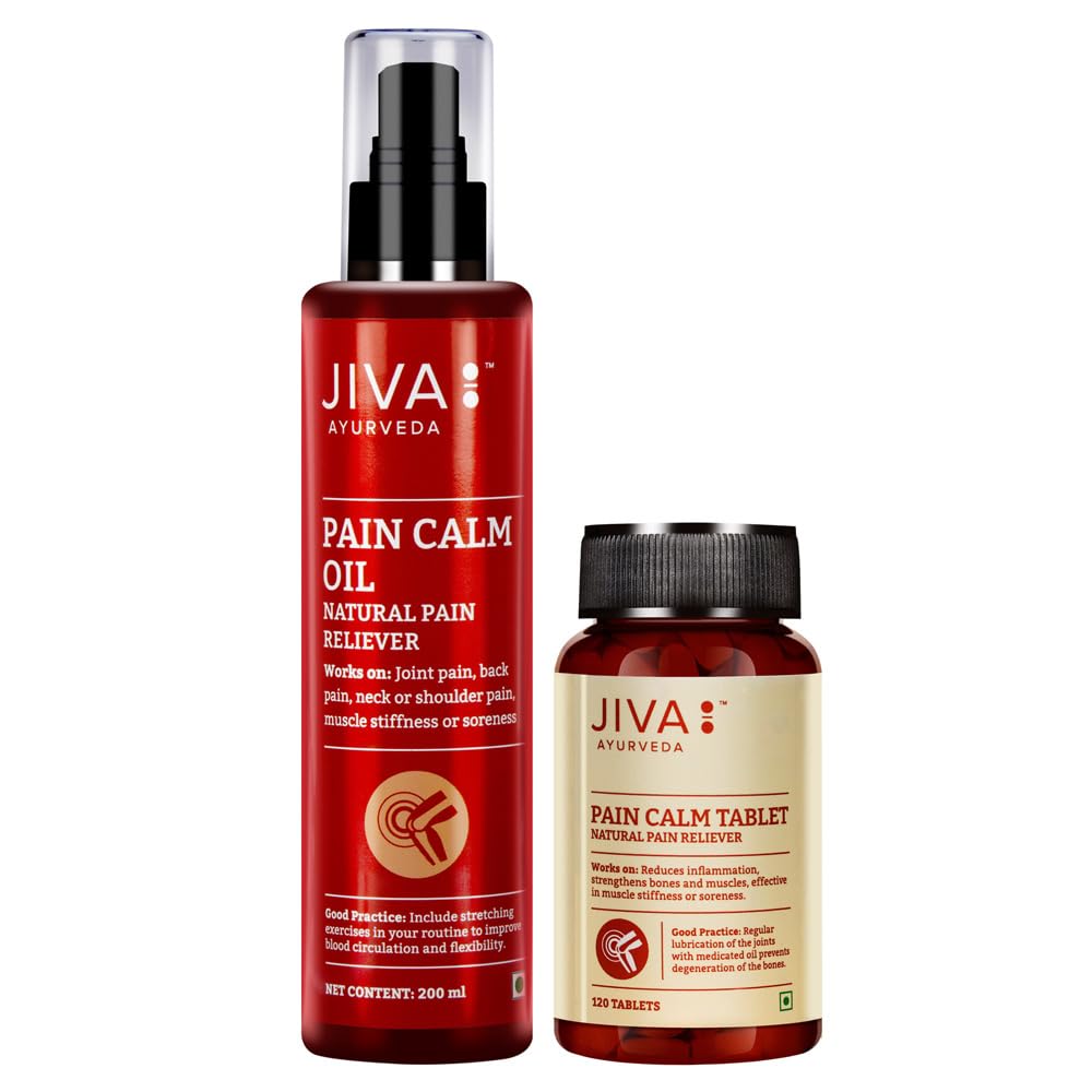 Jiva Pain Relief Combo - Pain Calm Oil - 200 ml & Pain Calm Tablets - Ayurvedic Pain Relief Oil for Joint, Back, Knee, Shoulder 120 Tablets - (Pack of 2)