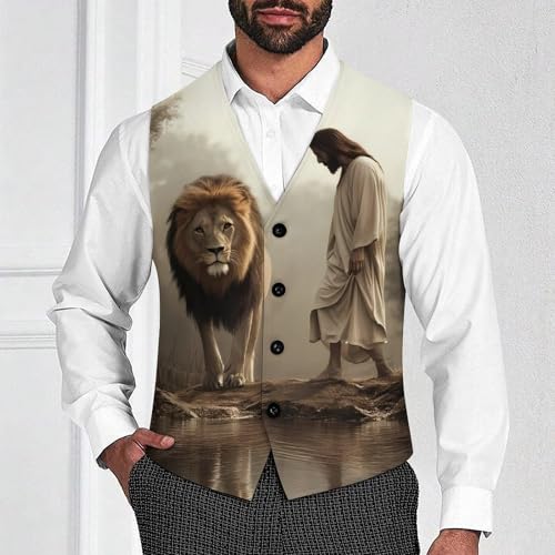Man And Lion Trendy Vest Suit for Men V Neck Formal Dress Waistcoat Vests Business Slim Fit4