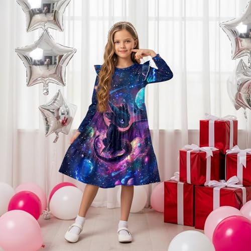 Uourmeti Ruffle Long Sleeve A Line Tiered Dresses for Girls Casual Midi Skirts4