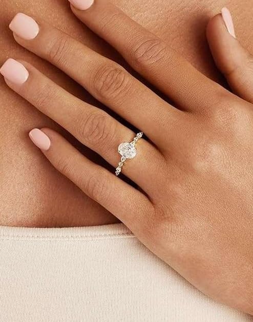 14K Yellow Gold Plated Oval Cut Moissanite Engagement Ring – Dainty Solitaire Ring with Side Stones for Women, Anniversary Promise Ring3