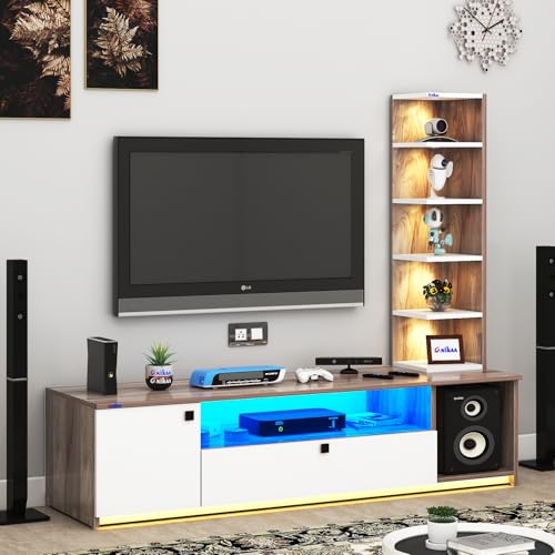 Image of Anikaa Engineered Wood Floor Standing Modern TV Unit with LED Light for Living Room | 2-Door & Open Box Cabinet with Side Shelf | Ideal for Up to 55 Inch | (Coachwood /White) DIY Installation